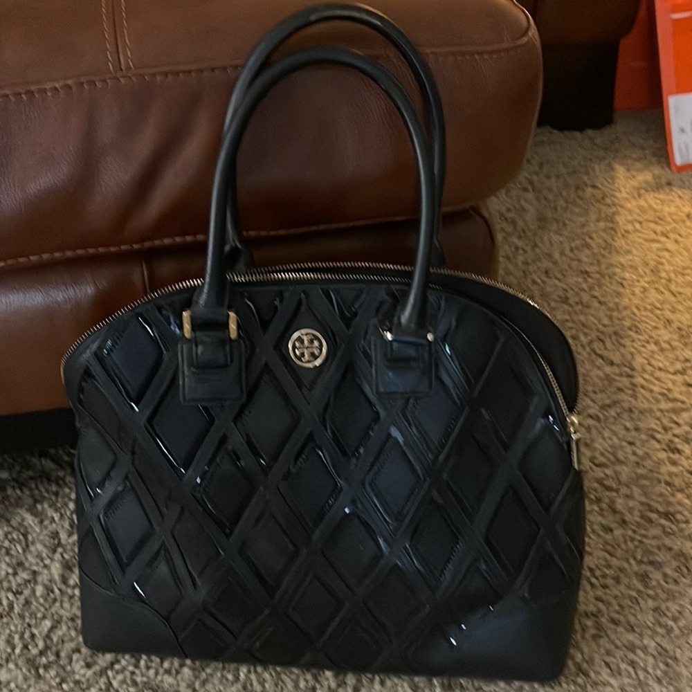 Tory Butch large black leather patent purse handbag